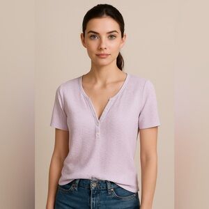 Light Lavender Textured Henley Tee Top with 3 Buttons Eyelet Detail